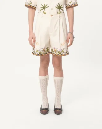 Bermudashorts i bomullscanvas med blomsterbroderi og jacquardtrim