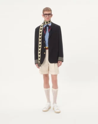 Enkeltradet jakke i ull og bomull med jacquard-trim