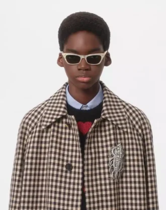 Enkeltradet kåpe i bomull og ull med Vichy-mønster