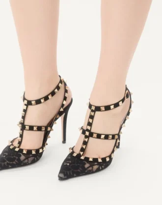Rockstud-pumps med stropper og snøring 100 mm