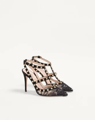 Rockstud-pumps med stropper og snøring 100 mm