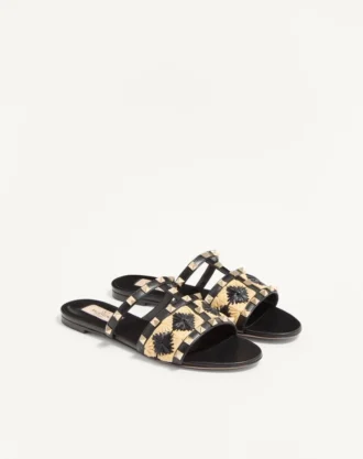Rockstud Slide Sandal med broderi i raffia